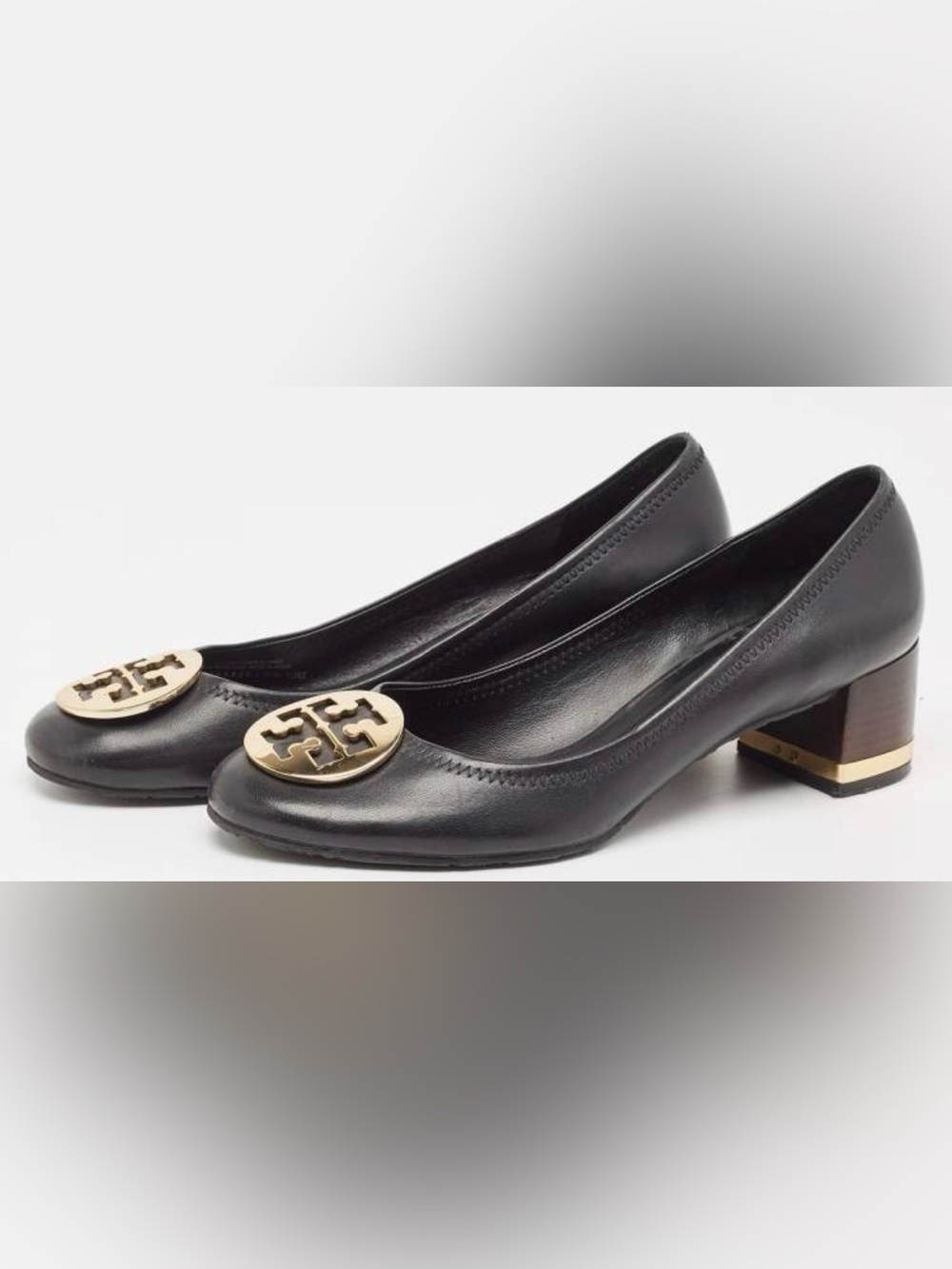 Tory Burch Amy Black Leather Block Heel Pumps with Gold Trim - Size 7